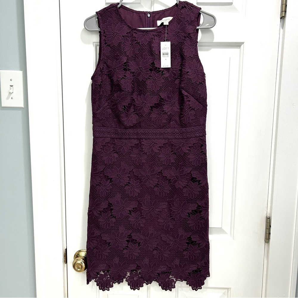 NWT LOFT Dark Purple Lace Scalloped Dress Size 4